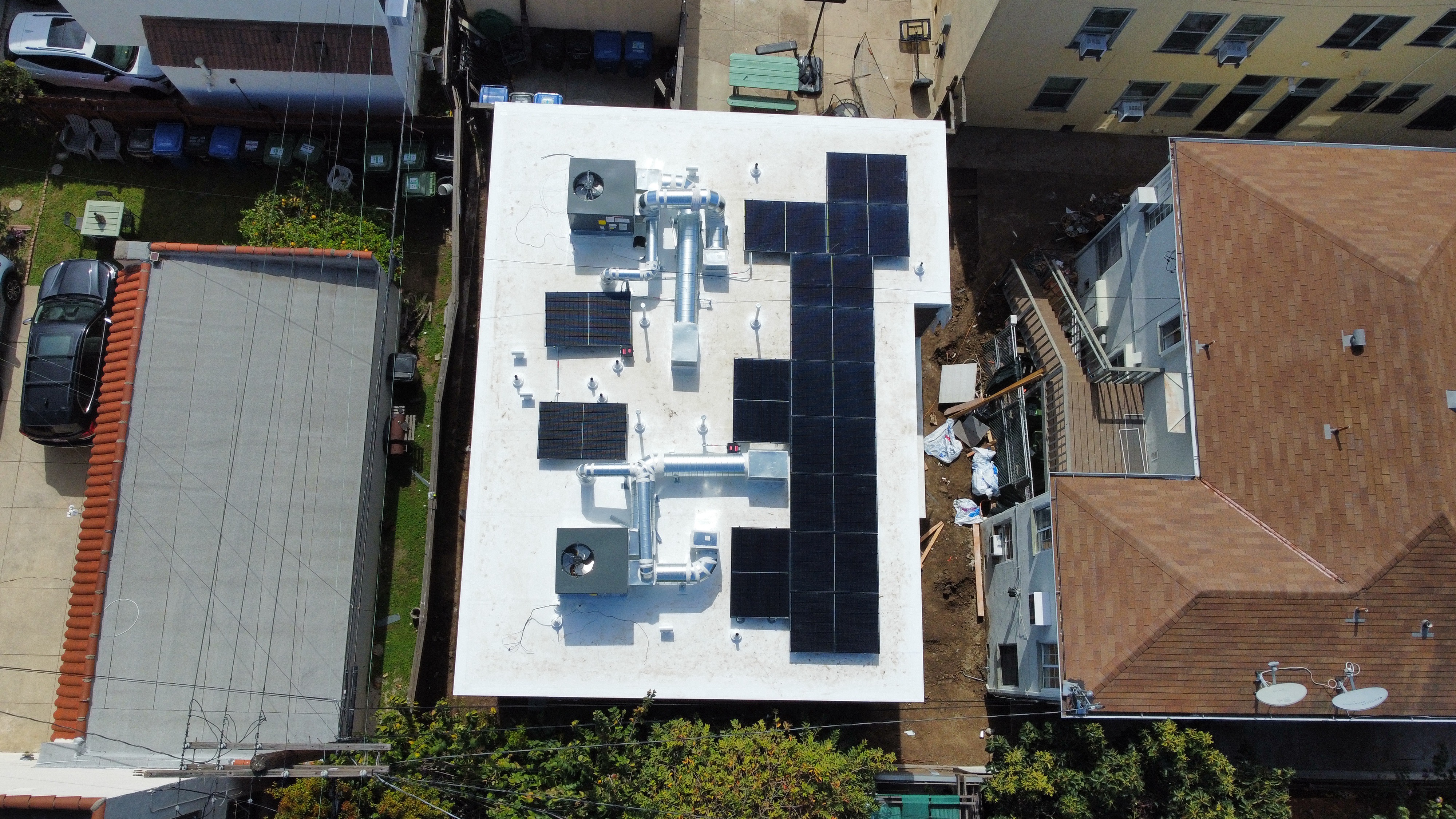 Aerial image of completed rooftop solar installation